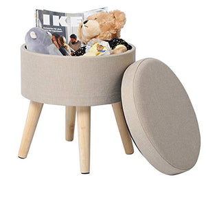 Pouf Contenitore Sgabello Basso Sedia Rotonda Poggiapiedi Gambe in Legno Crema