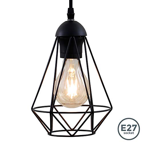Lampadario vintage, adatto per lampadina E27 non inclusa max 40W, metallo nero, altezza totale 1,1m, lampada a sospensione per salotto o sala da pranzo, lampada da soffitto stile industriale, IP20